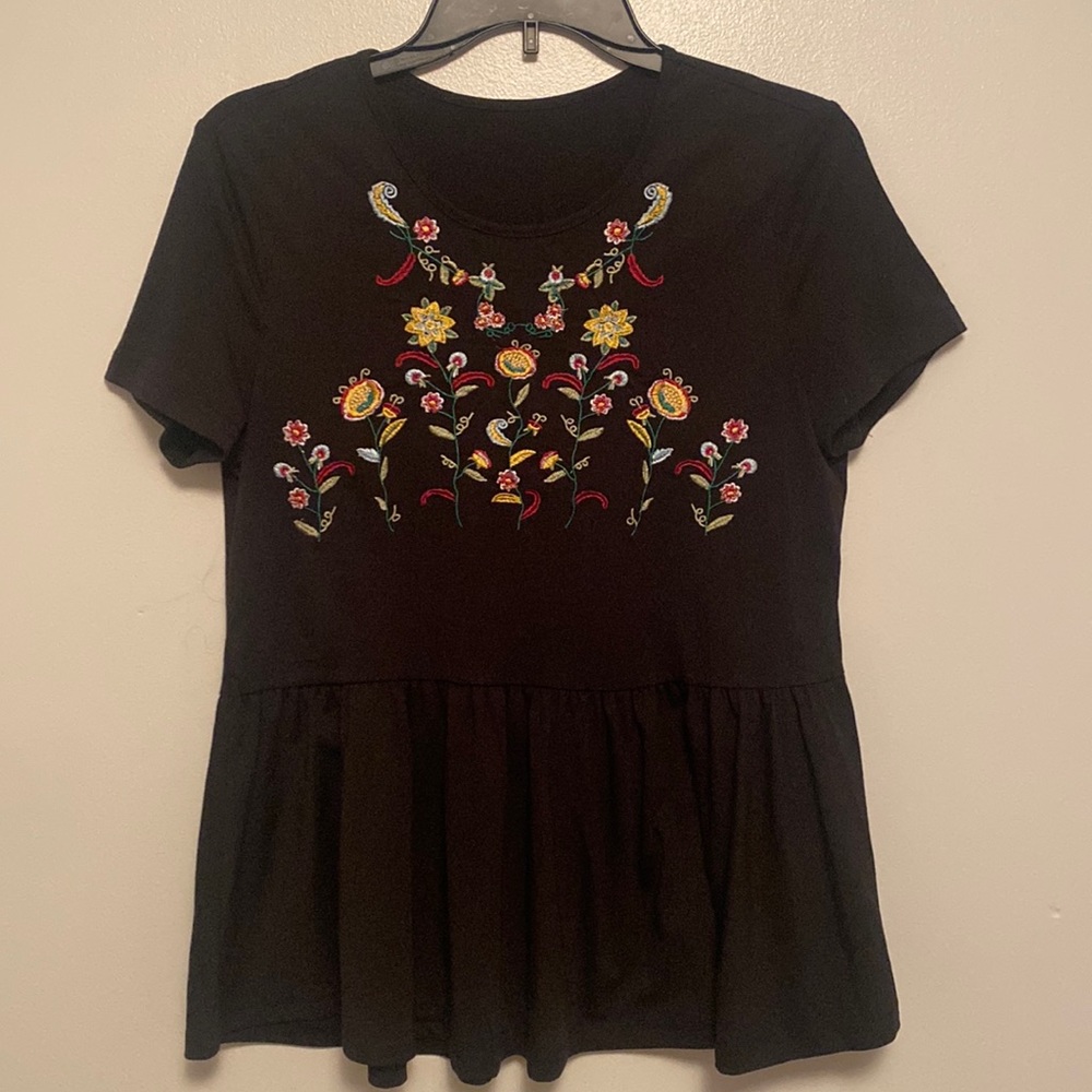 Custom Embroidered Black Peplum Top